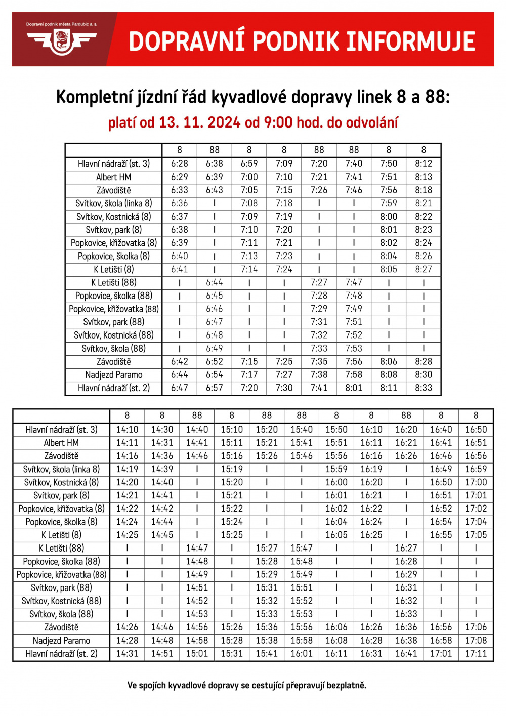 Kompletní jízdní řád kyvadlové dopravy linek 8 a 88