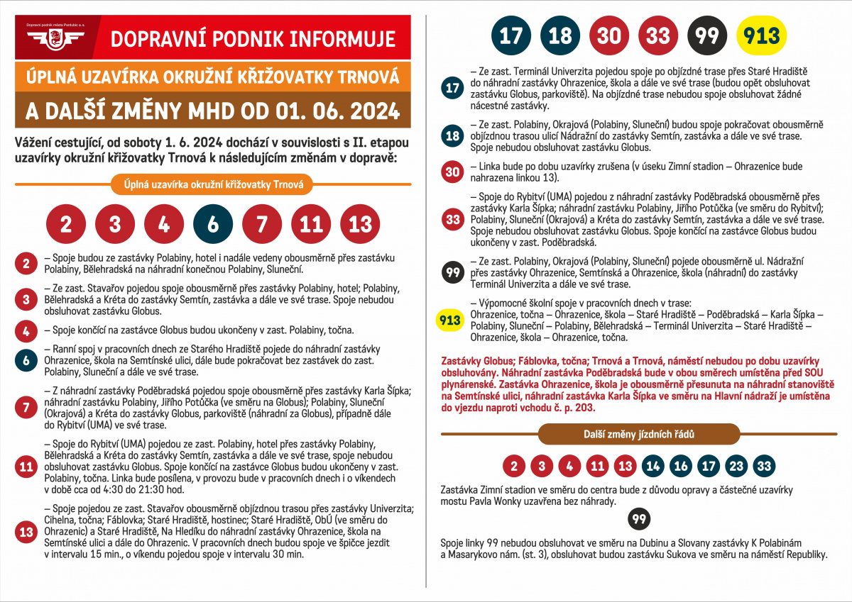 Úplná uzavírka okružní křižovatky Trnová a další změny MHD od 1.6.2024 - obrázek 2