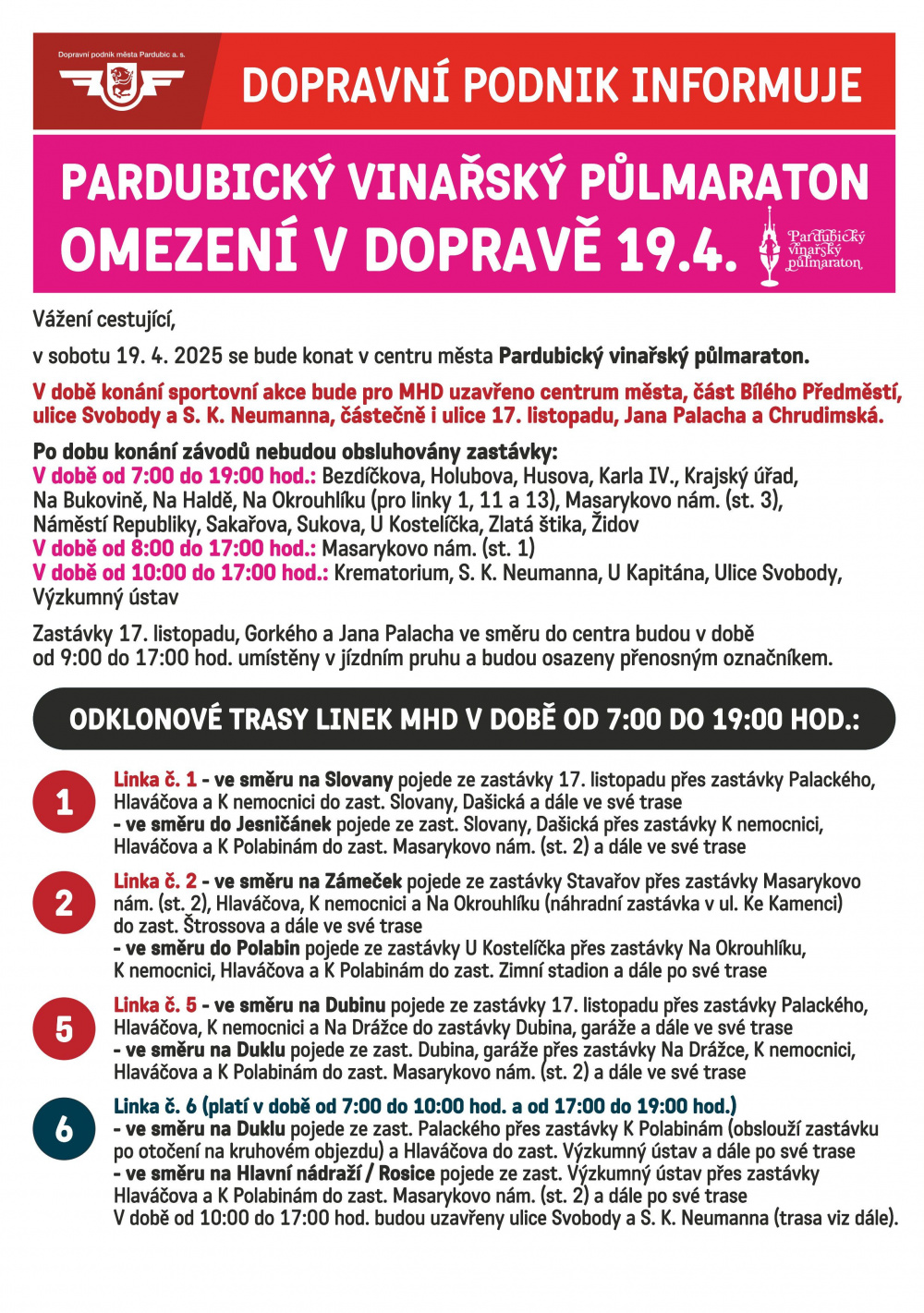 Omezení v dopravě 19.4.2025 - Pardubický vinařský půlmaraton - obrázek 1