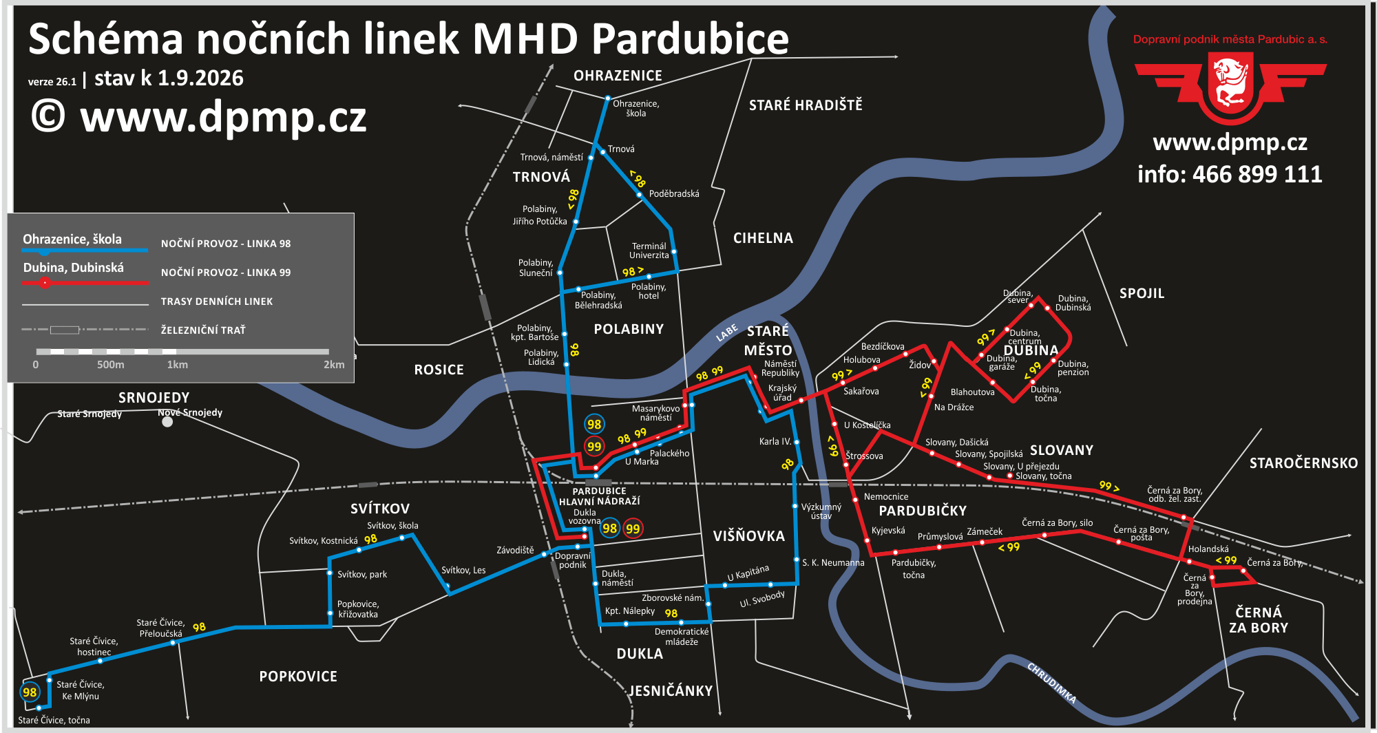 Schéma nočních linek MHD Pardubice
